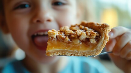 Wall Mural - Child Enjoying Delicious Pie Slice with Tasty Toppings