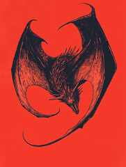 Wall Mural - Vertical Halloween banner or card with scary black bat on a red background. postcard, illustration