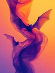 Wall Mural - Vertical Halloween banner or card with two bats. postcard on an orange background with smoke. postcard, illustration