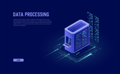 Wall Mural - isometric server room and big data processing concept: datacenter, database icon, and digital inform
