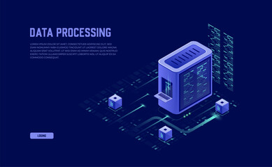 Wall Mural - isometric 3d vector of data network management: cloud storage, business devices, and synchronization