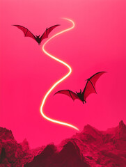 Wall Mural - Vertical Halloween banner or card with two black bats on a pink purple background. postcard, illustration