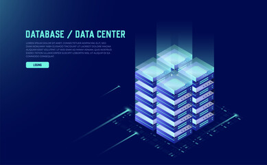 Wall Mural - isometric digital technology concept: server room, data center, and big data processing with neon da
