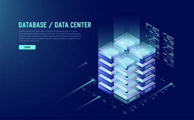 Wall Mural - neon dark gradient concept: isometric data center, server room, and big data processing icon for dig