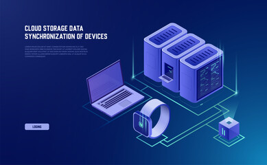 Wall Mural - isometric vector map of data network management: business servers, computers, and devices with cloud