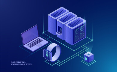 Wall Mural - cloud storage and data network management: 3d isometric map with business servers and device synchro