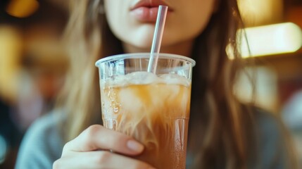 Close-up of a Woman Enjoying Iced Beverage