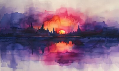 A painting of a sunset with a reflection of the sun on the water. The mood of the painting is serene and peaceful