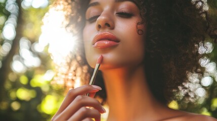 Wall Mural - Woman Applying Lipstick in Natural Light