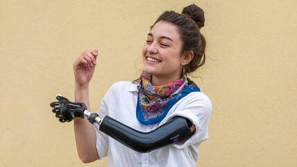 Portrait of a young, happy disabled girl with a prosthesis instead of an arm. Inclusiveness
