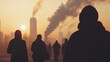 © 69 - Industrial smog at dusk engulfs silhouetted pedestrians, emphasizing the destructive impact of pollution and the urgent need for environmental action