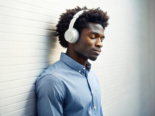 A young black man wearing headphones and a blue shirt closed his eyes on a white background.