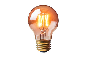 A close-up image of a vintage-style Edison light bulb, glowing warmly. The filament is visible, giving off a soft, amber light, and the bulb features a brass base.