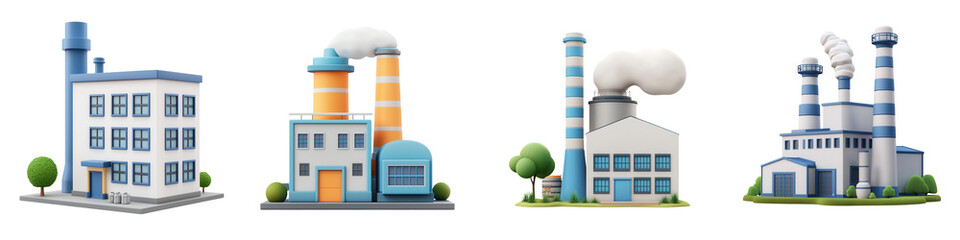 A collection of stylish industrial buildings representing diverse manufacturing facilities with modern design and atmosphere. isolated on a transparent background