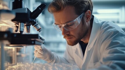 A scientist in protective goggles using a microscope and pipette in a laboratory, focusing on research and scientific experiments.