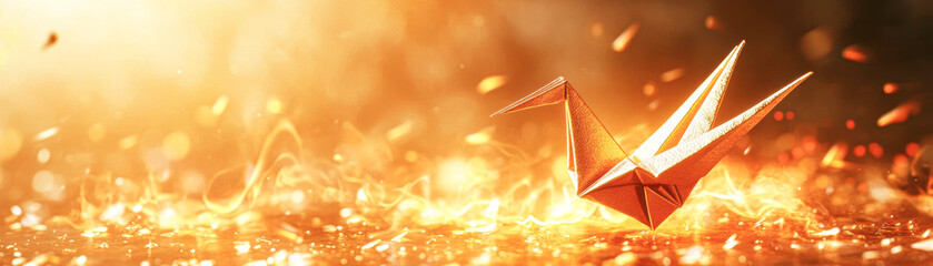 Canvas Print - A paper crane is on a pile of gold and fire