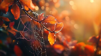 A mesmerizing close-up photo of dew drops delicately clinging to a spider web on a crisp autumn morning. The image captures the beauty and detail of nature during the fall season. Photography Stock.
