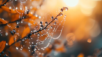 A mesmerizing close-up photo of dew drops delicately clinging to a spider web on a crisp autumn morning. The image captures the beauty and detail of nature during the fall season. Photography Stock.