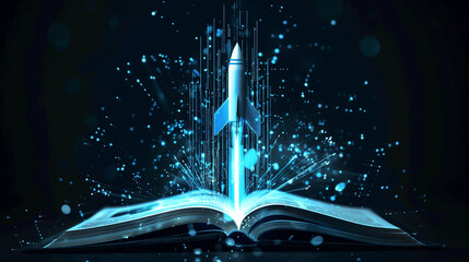 A book is open to a page with a rocket on it. The rocket is flying through the sky, leaving a trail of blue light behind it. Concept of wonder and excitement