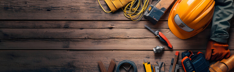 Electrician work uniform items on a wooden background design top view 004 Labor Day and the importance of workers design.