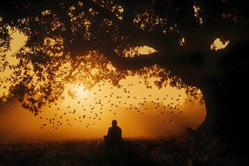 Wall Mural - Silhouette of a Person Under a Tree at Sunset