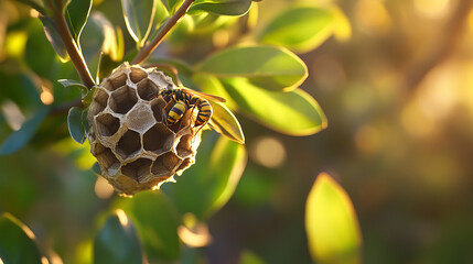 Wall Mural - A close-up picture of a wasp nest being built on a plant. The background is blurry.