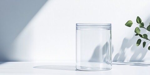 Wall Mural - a clear plastic container with a glossy finish, standing upright with soft shadows on a white surfac