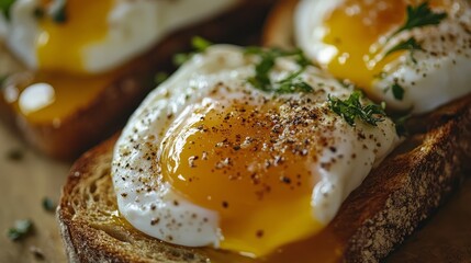 a macro photo of two bread toasts with poached eggs with seasoning and herbs, egg yolk melting and dripping. Photography Stock