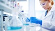 © Meow Creations - Female scientist in a lab coat, goggles, and blue gloves conducting experiments with beakers and glassware