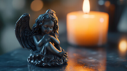 Farewell candle with a black angel figurine. Ai generated