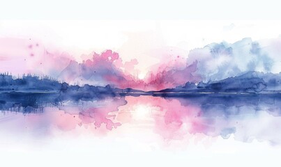 Wall Mural - A watercolor painting of a serene landscape with a pink and blue sky and a calm lake