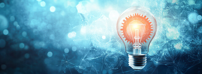 A light bulb is lit up in a blue background