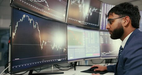 Poster - Business, man and trader with computer for stock market, financial trading and investment performance. Male person, digital and cryptocurrency with data analysis, chart increase and profit growth