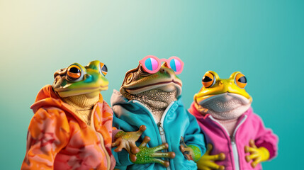 Funky Frogs Birthday Bash, a vibrant scene featuring a lively group of frogs and toads dressed in mismatched colorful outfits, perfect for a playful party invitation backdrop.