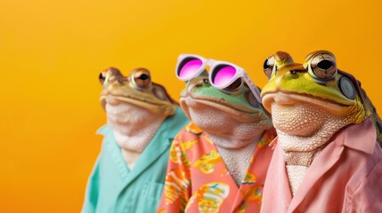 Funky Frogs Birthday Bash, a vibrant scene featuring a group of frogs and toads in mismatched colorful outfits, perfect for a fun and lively birthday party invitation.