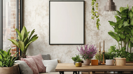 A comfortable and stylish living room with a blank poster frame, a wooden table, flowers, and personal items. It's a modern home design, perfect for showcasing your own style.