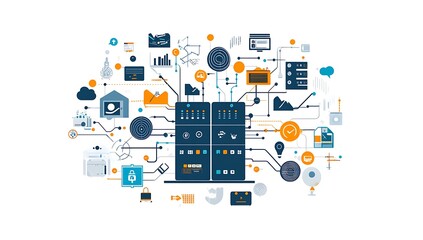 Digital Ecosystem and Network Integration Concept with Data Processing, AI, Cloud Technology, and Business Solutions
