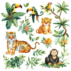 cute cartoon water color whimsical concept for kids whimsical watercolor isolated on white Vibrant watercolor illustration featuring exotic animals and lush tropical plants 