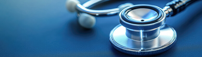 A silver stethoscope is on a blue background