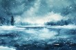 © Naruemon - Frozen river, heavy snowstorm in progress, dark winter sky, Watercolor style