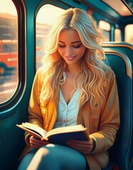 Wall Mural - woman relaxing and reading a book on the train