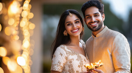 Wall Mural - young indian couple holding sparkling cracker in hand