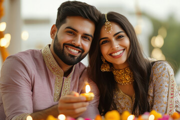 Wall Mural - young indian couple holding oil lamp