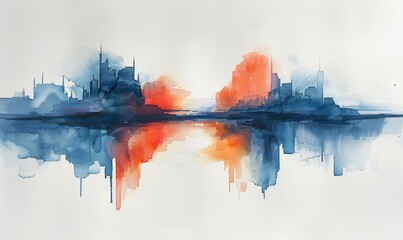 A painting of a city skyline with a blue and orange background. The blue and orange colors create a sense of contrast and depth, while the city skyline in the foreground adds a sense of movement