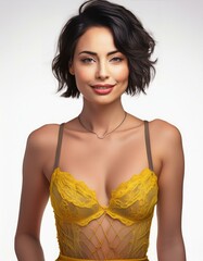 Wall Mural - studio portrait of a brunette woman with short hair wearing yellow lingerie on white background, fashion photography