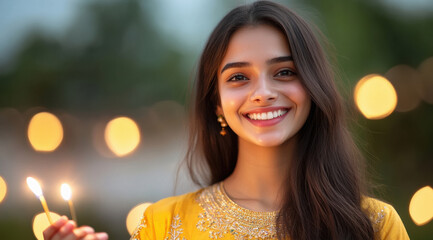 Wall Mural - young indian girl holding candles on diwali festival