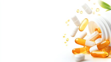 Assortment of pills and capsules spilling from a bottle, isolated on a white background.