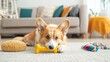 © Going Place - A playful dog chewing on a toy bone in a cozy home, with bright, colorful pet accessories nearby