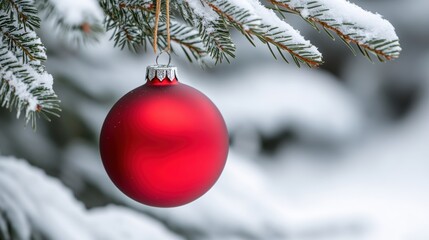 a red christmas ornament hanging from a tree branch in the snow, ai
