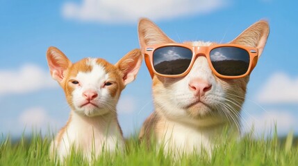 Canvas Print - Two cats wearing sunglasses in the grass with a blue sky behind them, AI